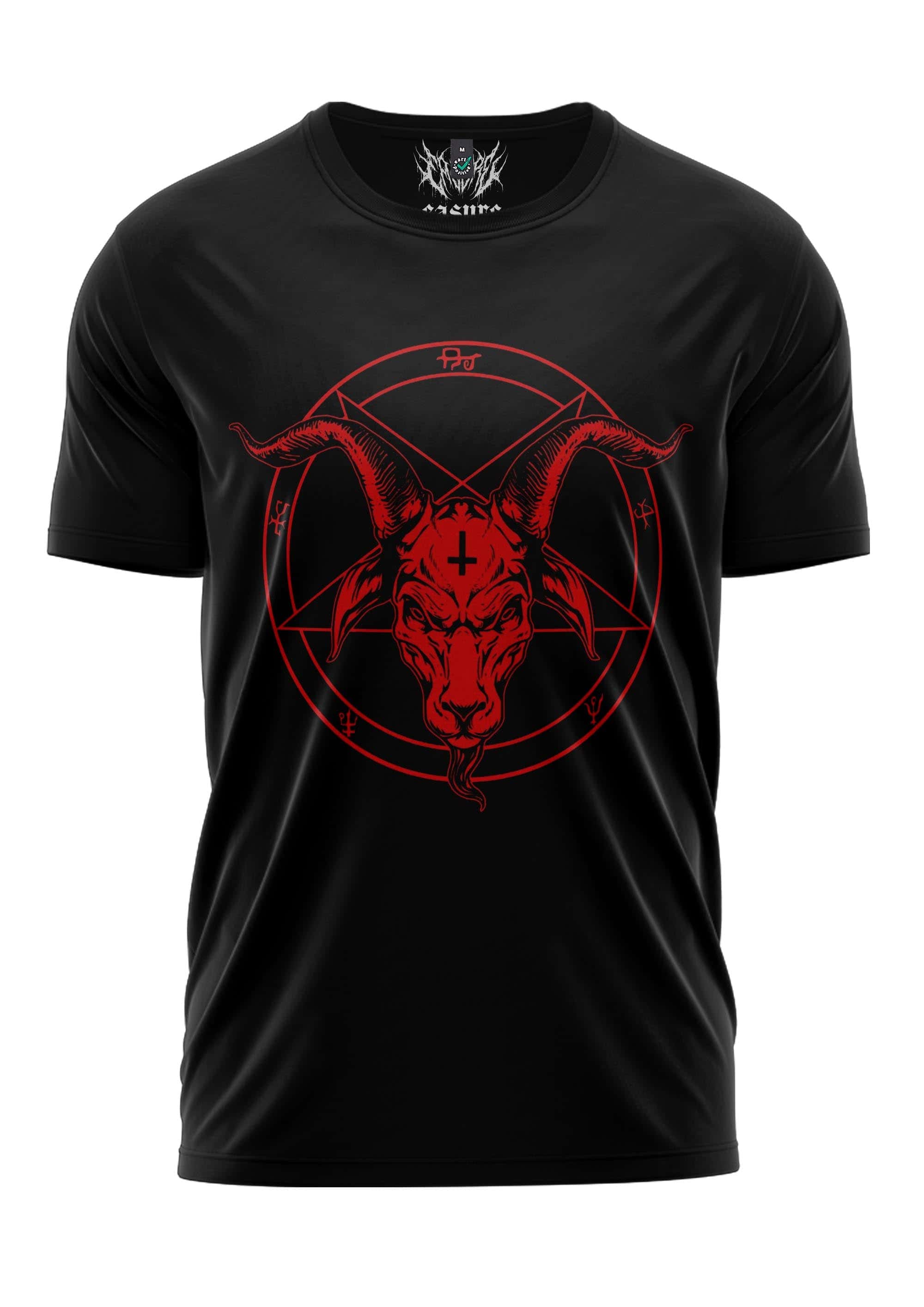 Schwarzes kurzarmshirt mit rotem gothic pentagramm und ziegenkopfgrafik für horror fans